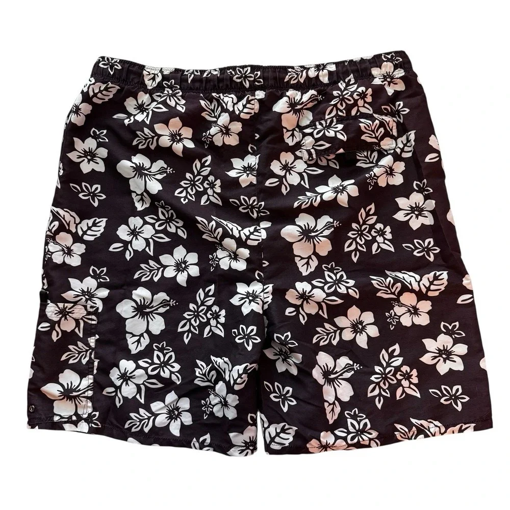 KingSize KS Island Big Men's Brown &‎ White Hibiscus Print Swim Trunks 1XL 44W